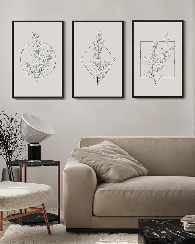 Drsoum Minimalist Flower Wall Art Vintage Wall Hanging Decor Black Line Botanical Prints Artwork for Bedroom Living Room Hallway 16x24in Black Framed