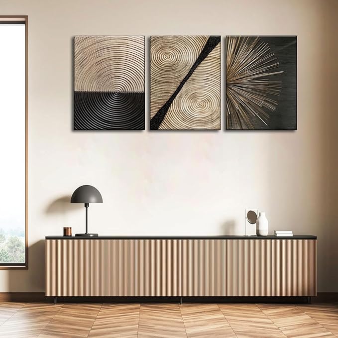 3Pcs Retro Wood grain Abstract Canvas Wall Art Minimalist Black Golden Line Texture Wall Decor Pictures Neutral Geometric Beige Brown Poster Prints for Living Room Bedroom Home Decoration 12x16in