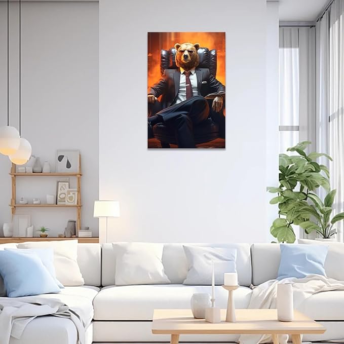 Trendy Suit Animal Bear Portrait Wall Art Funny Boss Bear Canvas Posters Work Struggle Motivation Inspiring Prints Painting For Office Living Room Wall Decor 8x12in Framed