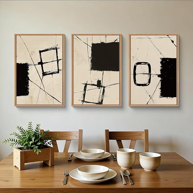 HOURIA Nordic Abstract Black & Beige Brush Stroke Framed Canvas Wall Art Set,Minimalist Geometric Grunge Line Shapes Ink Sketch Decor,Neutral Modern Drawing Artwork for Living Room,Farmhouse-24"x36"x3