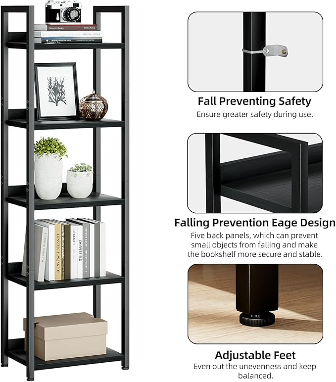 NUMENN Narrow Bookshelf, 5 Tier Bookshelves, Home Office Bookcase Shelf Storage Organizer, Free Standing Storage Shelving Unit for Bedroom, Living Room and Home Office, Grey