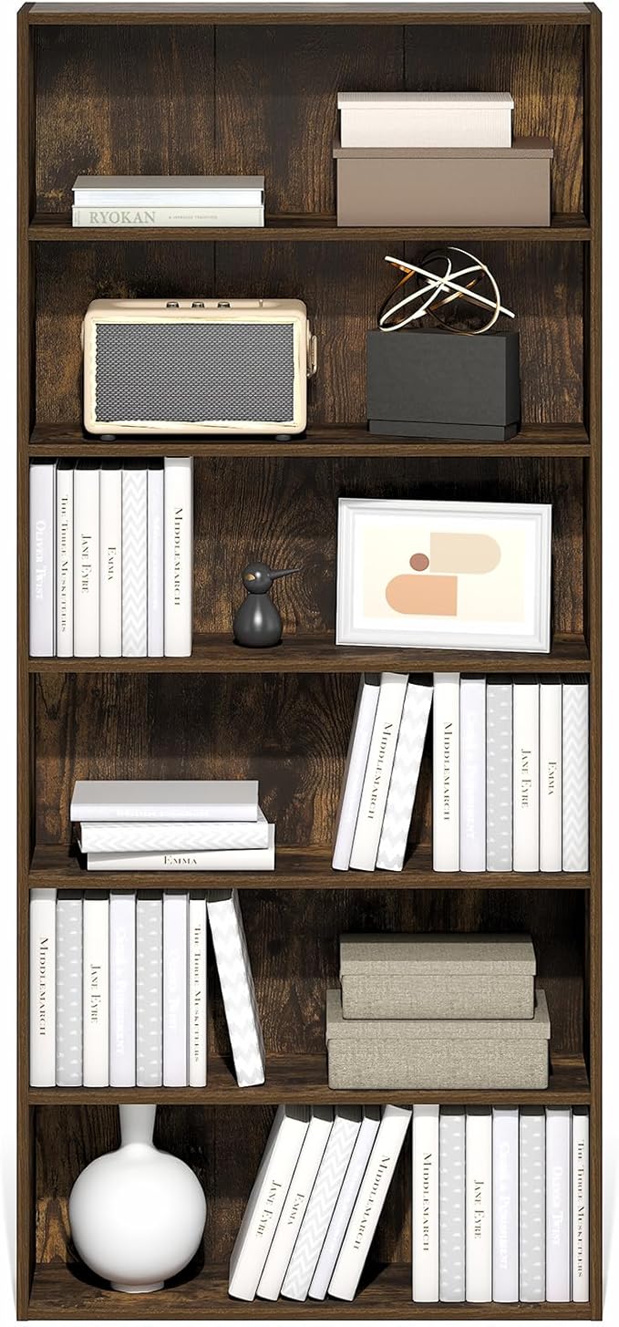 Furinno Basic Book Shelf, 6-Tier Bookcase with Open Shelf, Bookshelf, Cube Storage Organizer, 7 x 24 x 53, for Living Room, Bedroom, Home Office, Amber Pine