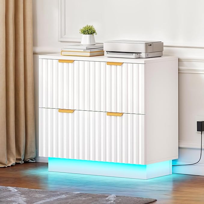 DWVO 2 Drawers File Cabinet with Led Light, Filing Cabinet Large Lateral File Cabinets for Home Office, White