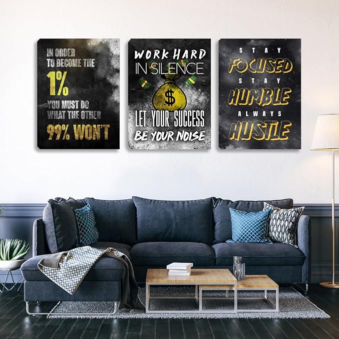 Inspirational Wall Art Motivational Wall Art 3 Pieces Canvas Wall Art Office Decor Hustle Quotes Poster Painting Print Artwork Framed for Bedroom Living Room Gym(72''Wx 36''H)