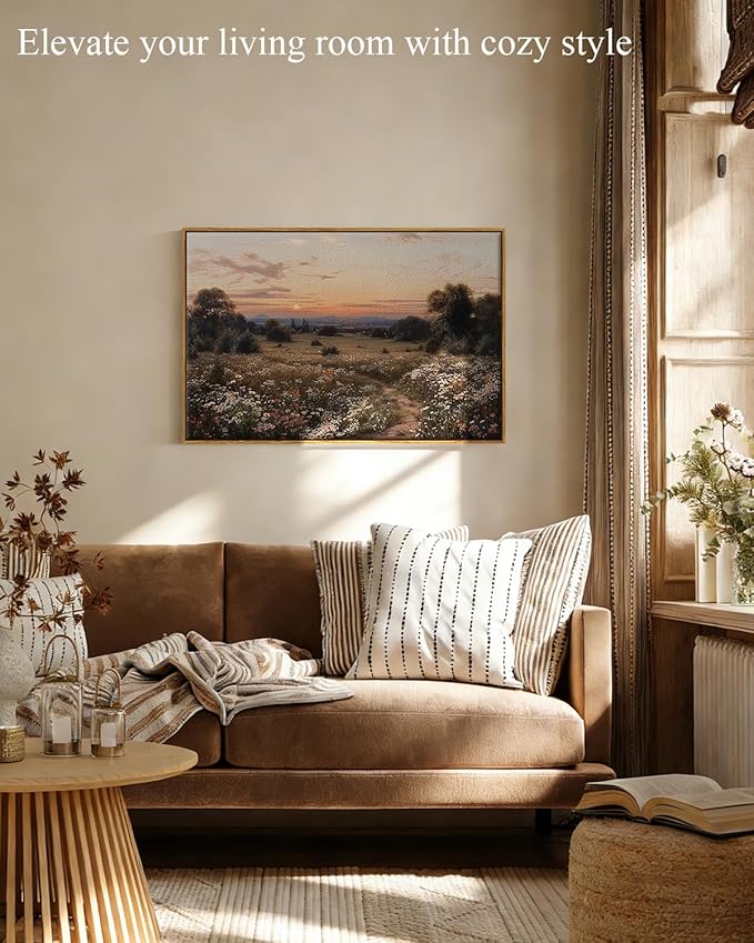 InSimSea Framed Canvas Prints Vintage Decor, Sunset Flower Field Landscape Paintings Wall Art, Large Countryside Farmhouse Hanging Wall Decor for Living Room Bedroom, 24x36inch