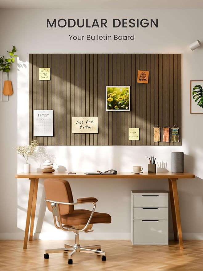 Bumusty Large Cork Board Alternative-48 x 36" Felt Bulletin Board Tiles, with 30 Pushpins, 70 Adhesive Tabs, 12-Pack Slat Wall Paneling, Cork Boards for Office Push Pin Board Felt Board-Earth Brown