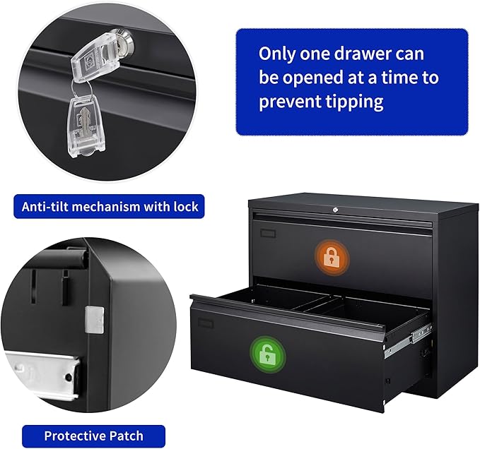 2 Drawer Filing Cabinet, Black Lateral File Cabinet with Lock, Lockable Metal File Cabinet for Home Office, Office File Cabinets for Legal/Letter/A4/F4 Size with Hanging Files&Key (Black(2 Drawer))