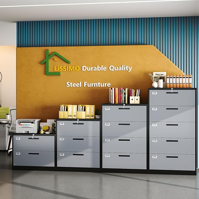Metal 3 Drawer Lateral File Cabinet with Lock, Wide&Deep Filing Cabinet for Letter/Legal/F4/A4 Hanging Files, Includes Business Card Holder, Home Office School Storage