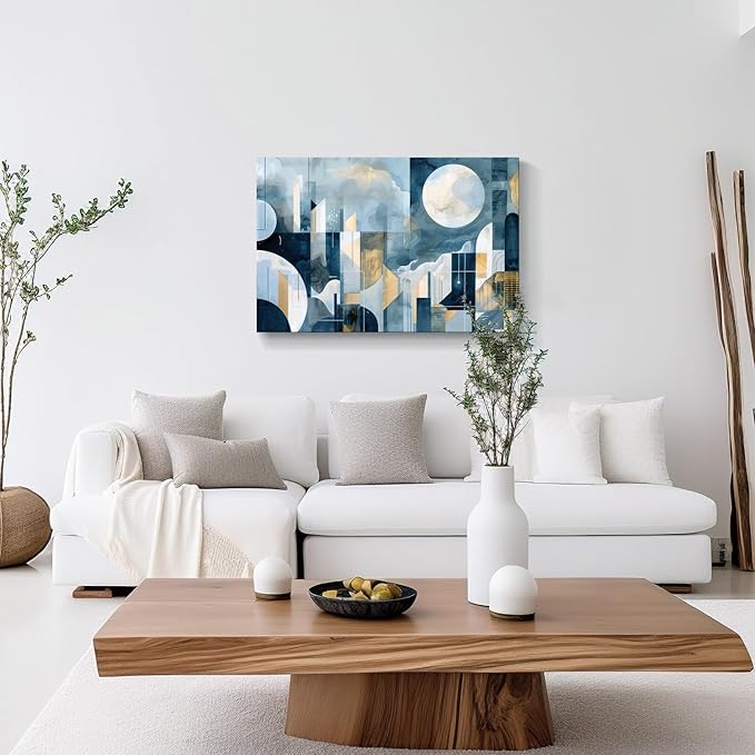 gaosoul Modern Abstract Canvas Wall Art Blue Artistic Cityscape Geometry Paintings Framed Minimalism Stylish Artwork Prints for Living Room Bedroom Office Decor 36x24in