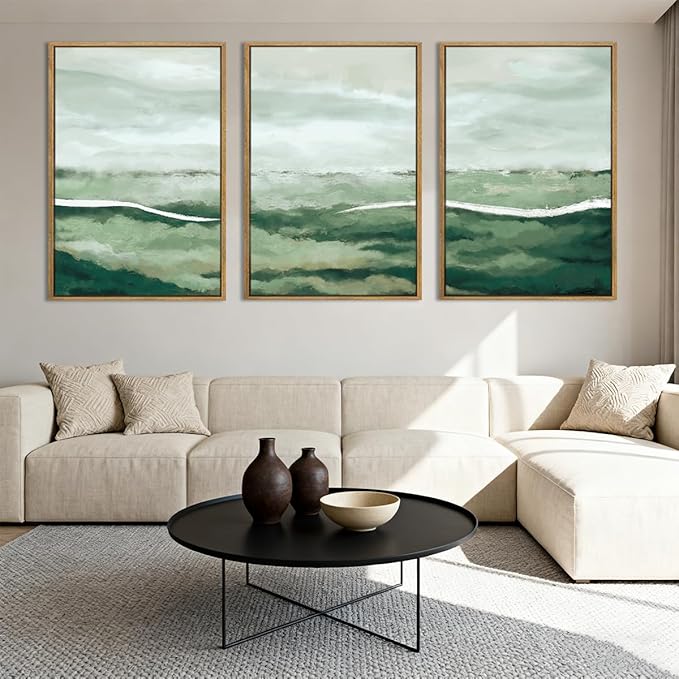 ANHUIB Green Wall Art 16x24 Inch Large Canvas Wall Art Abstract Watercolor Wall Decor Misty Landscape Art Prints Framed Neutral Paintings Set of 3 for Living Room Bedroom Ofice