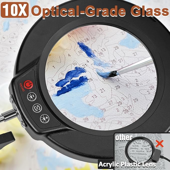 LANCOSC 10X Magnifying Glass with Light and Stand, Real Glass Lens, 5 Color Modes Dimmable, 3-in-1 Adjustable Swing Floor Lamp, LED Lighted Hands Free Magnifier & Clamp for Reading, Crafts, Painting