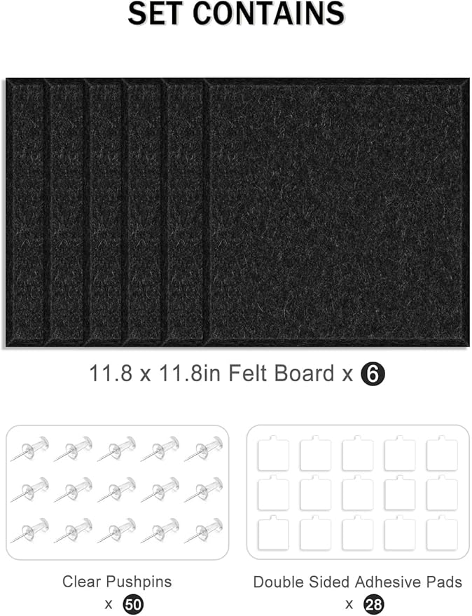 Hsurbtra Large Cork Board for Wall 36 x 24 Inch, 6 Pack Felt Bulletin Notice Board with Pushpins for Office Home School Farmhouse Wall Decor, Black