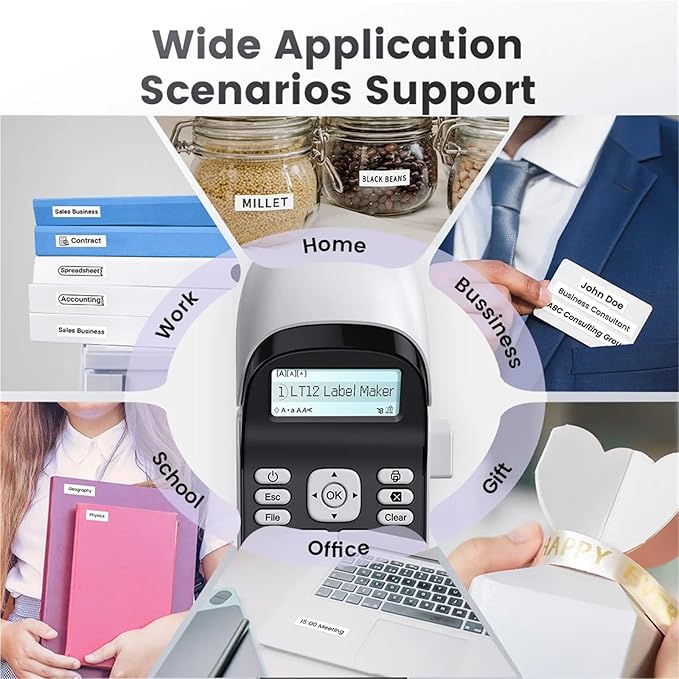 Label Printer, LT12 Label Maker Portable Inkless Printer Bluetooth Handheld Sticker for Office Home QWERTY Keyboard One-Touch Key(White Printer)