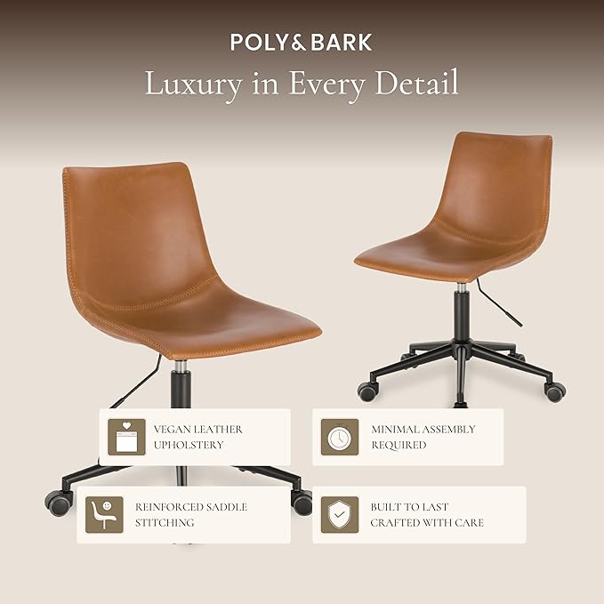 POLY & BARK Paxton Task Chair – Adjustable Height 17"-21" Swivel Office Chair with Vegan Leather Upholstery, Matte Black Steel Frame, and Caster Wheels – Cognac Tan