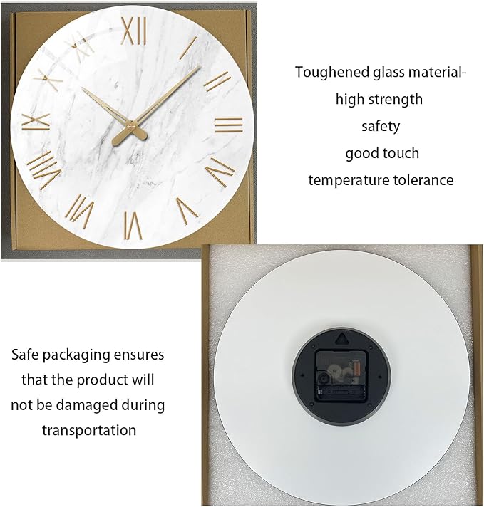 Round Marble Battery Wall Clock Modern 14 Inch White Minimalist Wall Clock for Kitchen Quartz Glass Silent Clock for Wall