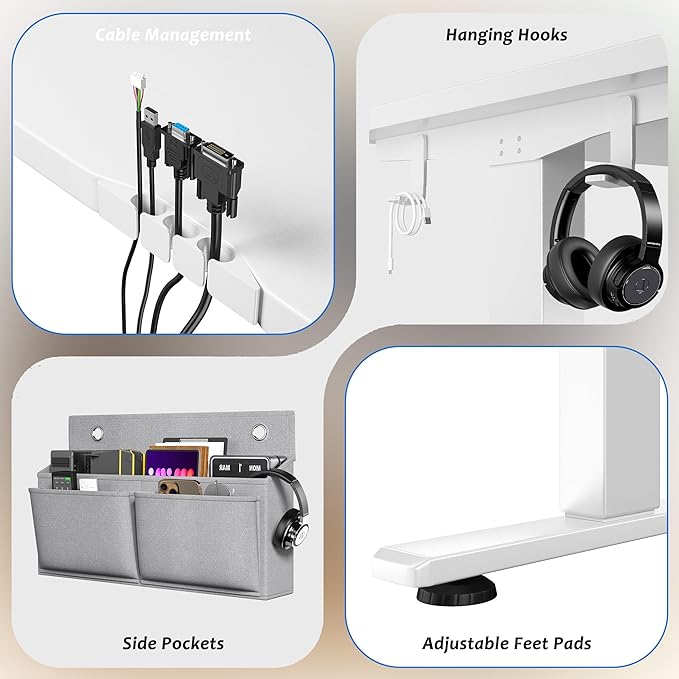 EnHomee Standing Desk with RGB Lights,Adjustable Gaming Desk 48 x 24 Height,Computer Desk with 3 Memory Presets & Ergonomic Curved Top,Sit Stand Office Desk with Storage Bag & Hook,White