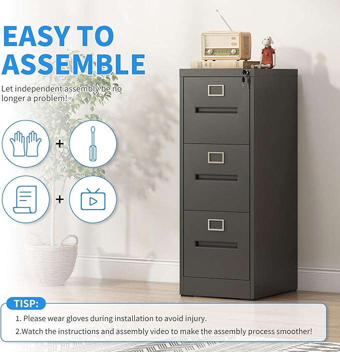 3 Drawer File Cabinet with Lock, Metal Vertical Filing Cabinet for Home Office, Office Furniture for Organization Hanging Files for A4/ Legal/Letter, Heavy Duty Storage Cabinet,Require Assembly-Black
