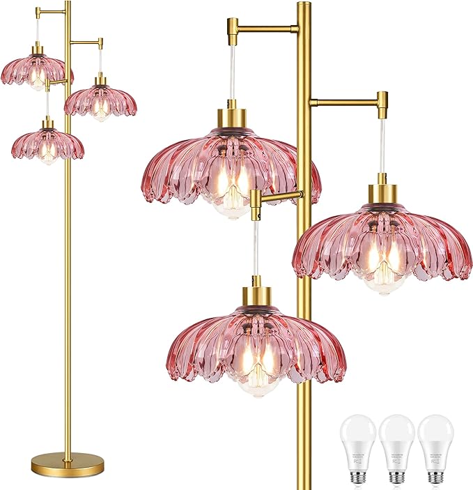 Pink Floor Lamp for Living Room,Bedroom,Gold Mid Century Modern Standing Lamp Brass Tree 3 Light Tall Floor Lamps Glass Floor Lights Flower Lamp Shade Girls Kids Boho Bohemian