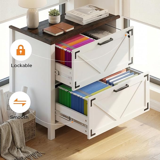 2 Drawers Lateral File Cabinet for Home Office,Farmhouse Wood File Storage Cabinets for Letter/Legal/A4 Size Hanging Files, White