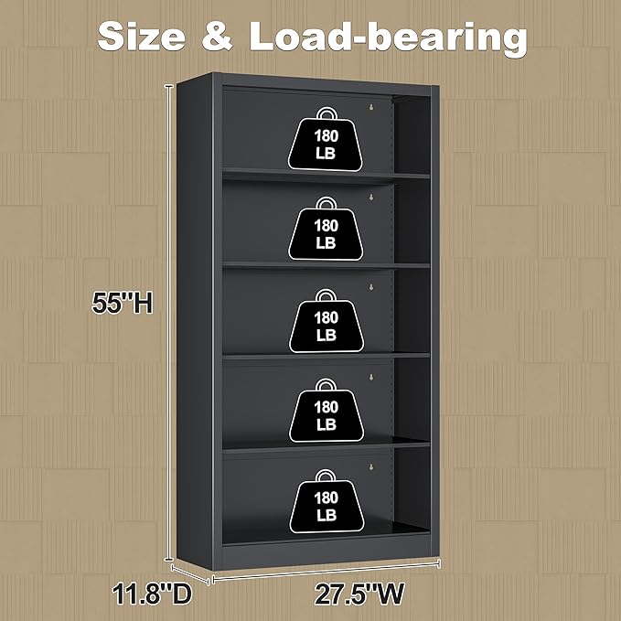 Bookcase, 5 Shelf Bookcases for Books, Garage Kit, CDs, Toys, Bookshelves and Bookcases for Home Office Library Living Room, Metal Book Case with Adjustable Shelves