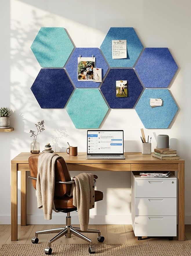 8 Pack Hexagon Felt Bulletin Board Tiles - 11.8" Large Thick Pin Board for Walls with 30 Push Pins, DIY Boards for Office Home School Decor, Aesthetic Hex Cork Board Alternative