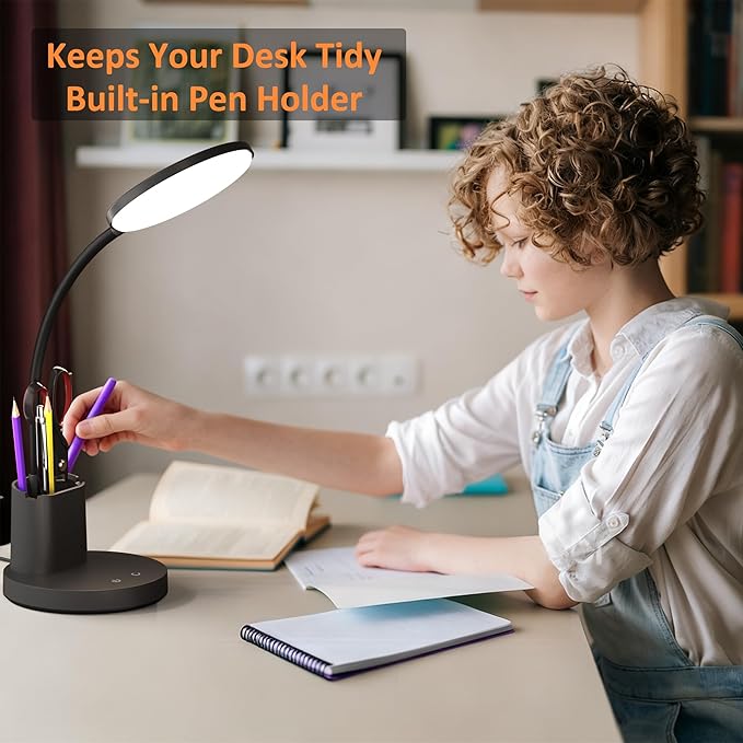 Desk Lamp, LED Desk Lamps for Home Office, Touch Table Lamp with 3 Color Modes 360° Adjustable Arm, Dimmable Desk Light with Pen Phone Holder, Black