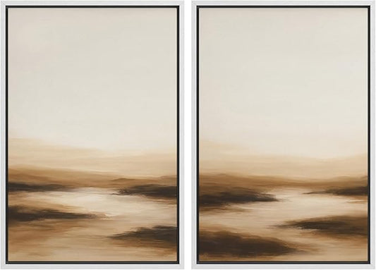 SIGNWIN Framed Canvas Print Wall Art Set Warm Brown Abstract Horizon Neutral Minimalist Landscape Illustrations Modern Art Decorative Multicolor for Living Room, Bedroom, Office - 24"x36"x2 White