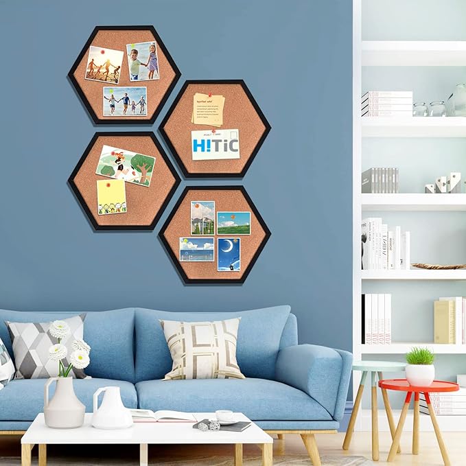 Cork Bulletin Board for Walls, 1/2" Thick Hexagon Pin Board for Walls with Frame, Black Small Corkboard with 10 Push Pins and 10 Wood Clips, Tack Board for Home Office and School 2Pack