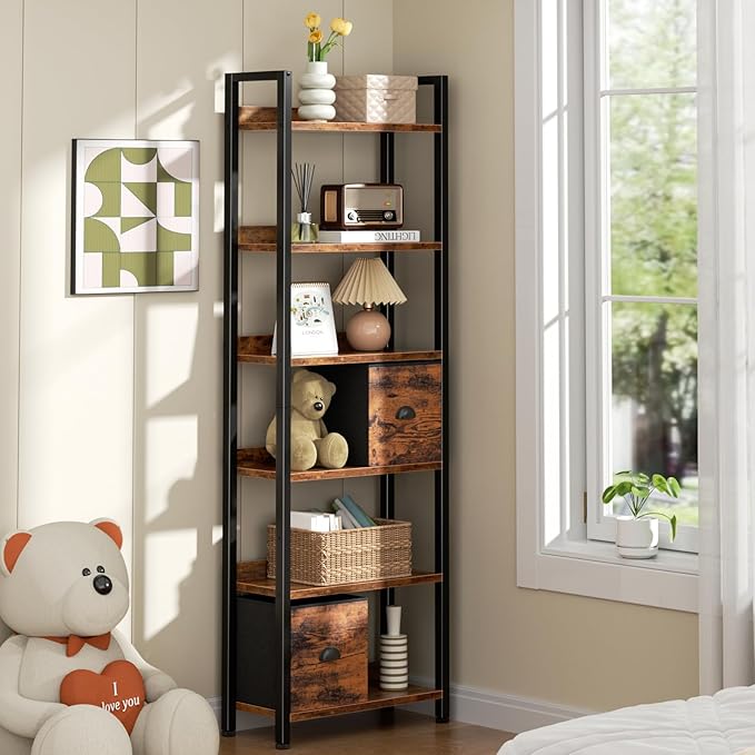 Furologee 6-Tier Bookshelf, Tall 71" Rustic Bookcase with 2 Drawers Storage Organizer, Industrial Display Free Standing Shelf Units, Wood and Metal Storage Rack for Home Office, Bedroom, Rustic Brown | Bookcase, 2 Drawers, Storage Organizer, Industrial...
