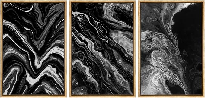 SIGNFORD Framed Wall Art Print Set Monochrome Swirl Abstract Contemporary Black and White Digital Art Modern Art Contemporary for Living Room, Bedroom, Office - 16"x24"x3 NATURAL
