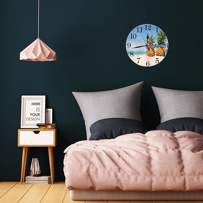 Funny Pineapples on sea Beach Wall Clock Battery Operated Silent Round Clock Wall Decor for Home Office School, 12 Inch