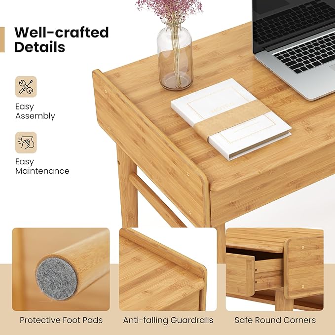 POWERSTONE 39.5" Writing Computer Desk, Modern Bamboo Home Office Desk with 2 Storage Drawers and One Shelf, Study Writing Table Workstation