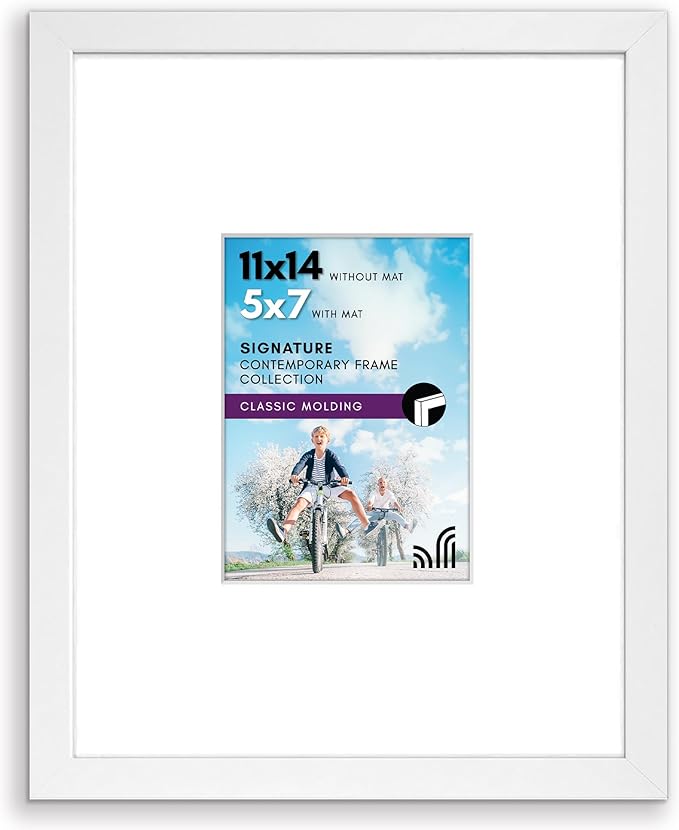 Americanflat 11x14 Picture Frame with Shatter-Resistant Glass - Use as 5x7 Frame with Mat or Display 11x14 Photo Without Mat - Signature Collection - Picture Frames for Wall Display - White