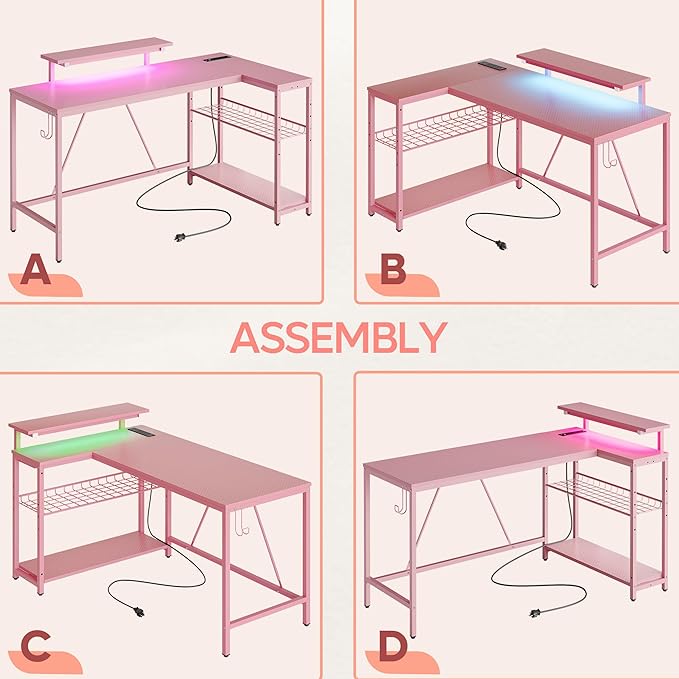 Bestier 52" Gaming Desk with Integrated Power Outlet & USB Ports, L-Shaped Computer Desk with LED Strip & Headphone Hooks, Perfect for Home Office Pink