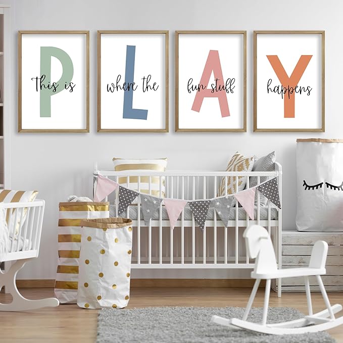 This Is Where The Fun Stuff Happens Kids Playroom Wall Art 24x16 Inch Set Of 4 Rustic Kids Wood Framed Boy Sign Toddler Modren Nursery Interesting Let's Play Prints Wall Hang Decor (Wood)