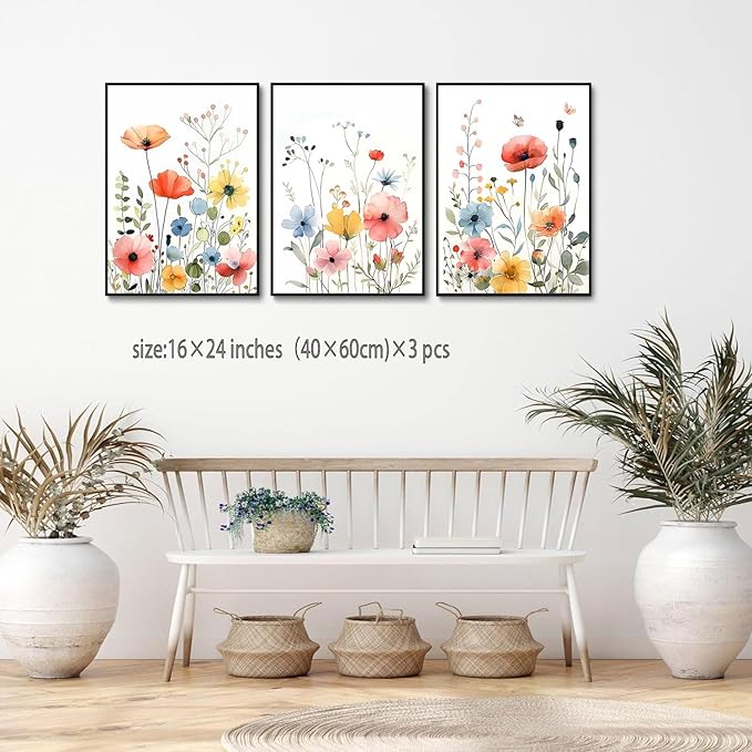 KISSFOX Framed Colorful Wildflower Canvas Wall Art Set Of 3 Flowers Pictures Prints Flowers Printing Floral Watercolors Flower wall Decor Living Room Girls Bedroom Bathroom
