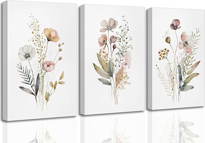 3Pcs Watercolor Wildflower Canvas Wall Art Modern Minimalist Colorful Botanical Floral Painting Picture Wall Decor Flower Posters Print Artwork for Living Room Bedroom Woman's room Home Decoration