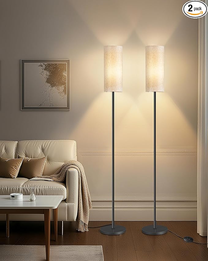 2 Pack Floor Lamp, Pole Lamp with Foot Switch, Modern Standing Lamp, Minimalist Freestanding Lamp (Bulb Not Included), for Living Room, Bedroom Office, Black and Beige, E16LDP205