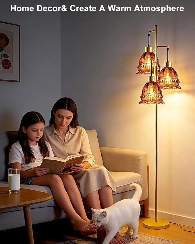 Lightdot 3-Lights Glass Floor Lamp Dimmable Gold Floor Lamp with Deep Red Glass Shade 3000K Bulbs Included Unique Modern Standing Tall Lamp for Living Room/Bedroom/Sofa Beside/Corner Decor