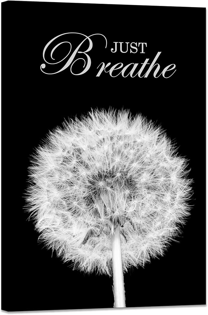 YIOZHAOFH Black Dandelion Picture Artwork Bedroom Decoration Just Breathe Canvas Painting Photo Relaxing Meditation Art Wall Decor Framed for Home Room Office (28L x 44W)