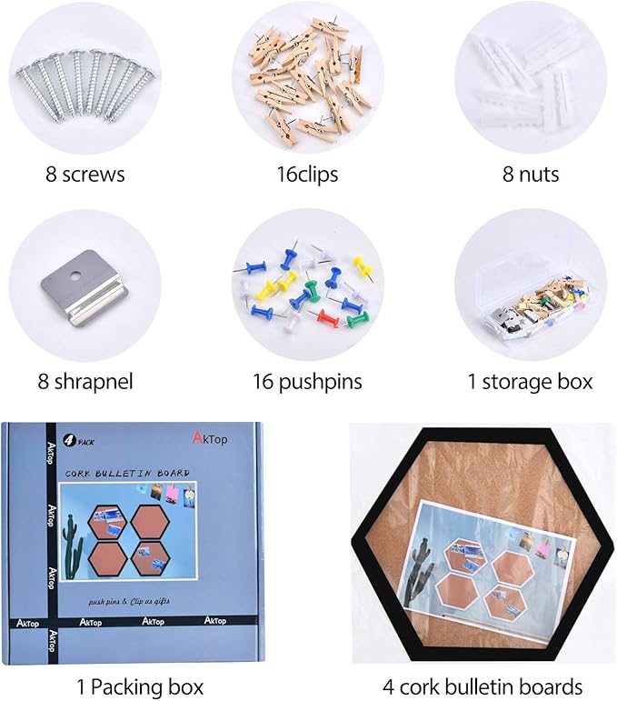 AkTop Cork Bulletin Board Hexagon 4 Pack, Small Framed Corkboard Tiles for Wall, Thick Decorative Display Boards for Home Office Decor, School Message Board with 16 Push Pin Wood Clips, Black