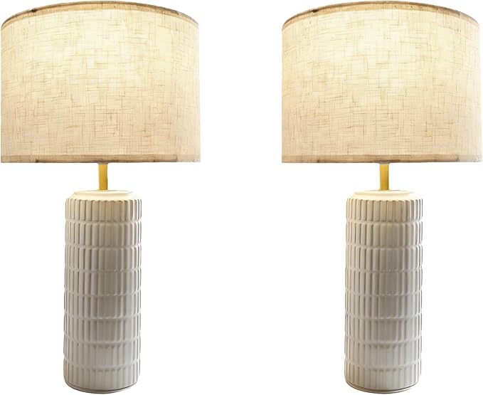 23" Modern Ceramic Table Lamps for Bedroom Set of 2,Farmhouse Bedside Night Stands Lamp for End Table Home Decor,Boho Nightstand Lamps Set of 2 for Living Room, White Desk Lamps for Home Office