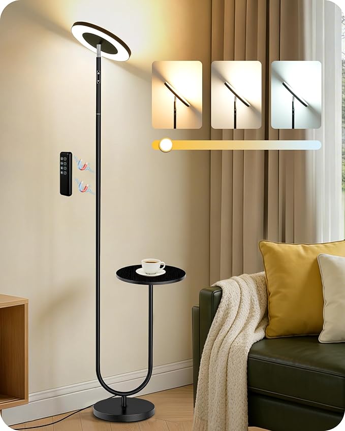 Floor Lamp with Table, Dimmable Standing Light with 3 Temperatures & Remote Control, LED Up and Down Lighting with Tray, Modern Reading Torchiere Corner Lamp for Bedroom Office Black,B24LD05