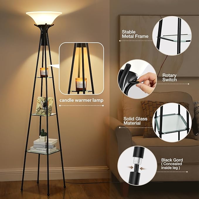 Luvkczc Floor Lamp with Shelves, 69” Tall Torchiere Floor Lamps for Living Room, 3-Tier Glass Shelf Lamp, Black Standing Lamp with Plastic Shade, Adjustable Color Temperatures (Bulb Include)