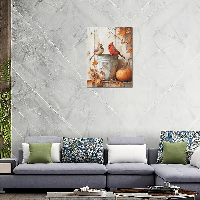 Fall Cardinal Wall Art Autumn Pumpkin Leaf Pictures Wall Decor Cardinals Canvas Painting Modern Artwork Home Decoration for Living Room Bathroom Bedroom Office Framed 12"x16"