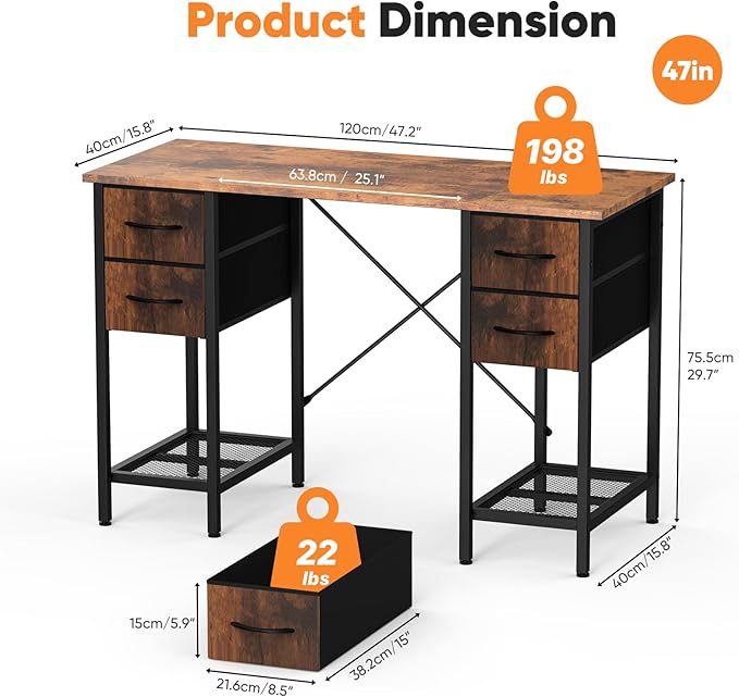 Sweetcrispy Computer Desk with Drawers, 47 Inch Home Office Bedroom Table with 4 Fabric Drawers & 2 Mesh Storage Shelves, Wood Table with X-Shaped Structure for Writing Study PC Desk, Brown