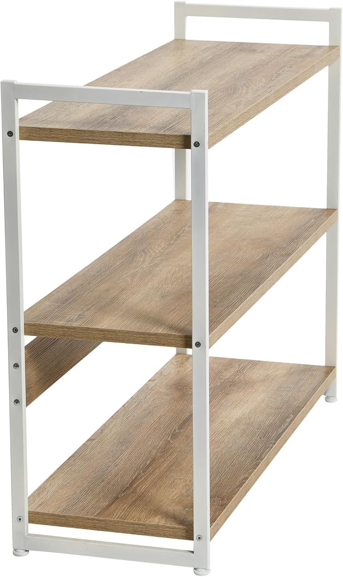 Household Essentials Jamestown Wide 3 Shelf Open Storage Bookshelf Coastal Oak Rustic Wood Grain and White Metal