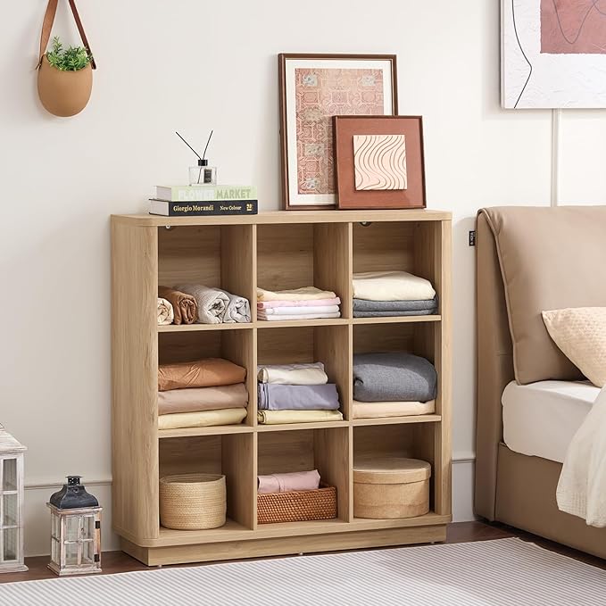 9 Cube Storage Book Shelf, 41" Tall Organizer Bookshelf with Curved Edge, Modern Floor Standing 3-Tier Cubby Bookcase with Base, Wood Display Book Case for Living Room, Home Office,Natural Oak