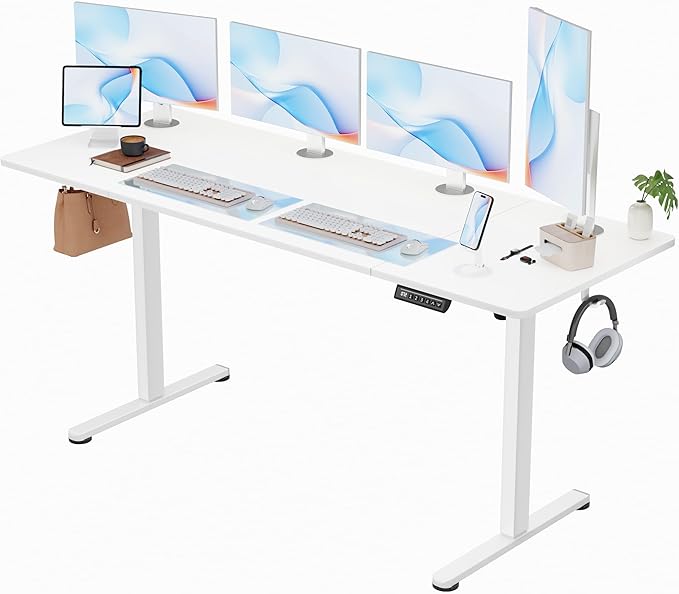 Furmax Electric Standing Desk, 63 x 24 Inches Sit Stand up Desk, Sit Stand Height Adjustable Home Office Desk with 4 Height Position Memory - with Splice Board (White, 63)