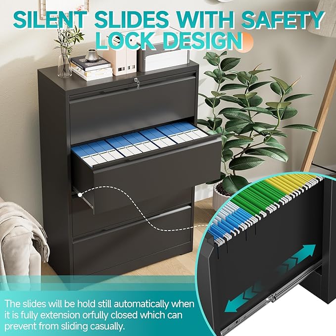 4 Drawer Lateral File Cabinet with Lock, Heavy-Duty Metal Vertical Filing Cabinet for Office, Steel Storage Compatible with Hanging Files Letter/Legal/F4/A4 Sizes (4 Drawer, Black)